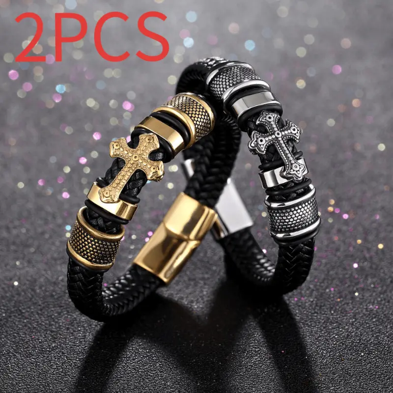 Men's 2-Piece Retro Bracelet Set in Multi-Layer Leather with a Stainless Steel Cross, Casual Stackable Fashion Jewelry, Stackable Bracelets, 2Pcs, Cross Motif, Male, Two Pieces