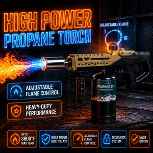 Powerful Propane Torch Gun with Adjustable Flame Control Blow Torch for BBQ Grilling Steak Searing Charcoal Lighter Campfire Fire Starting Outdoor Camping Tool for Men Tank Not Included