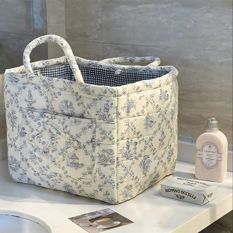 Woven Square Polyester Storage Basket Organizer Tote with Handle - Thick Durability, Washable, Space-Saving, Fresh Style, Car Accessory for Small Cars, Toy & Snack Bin, Home Storage Organization (Mother's Day Gift)