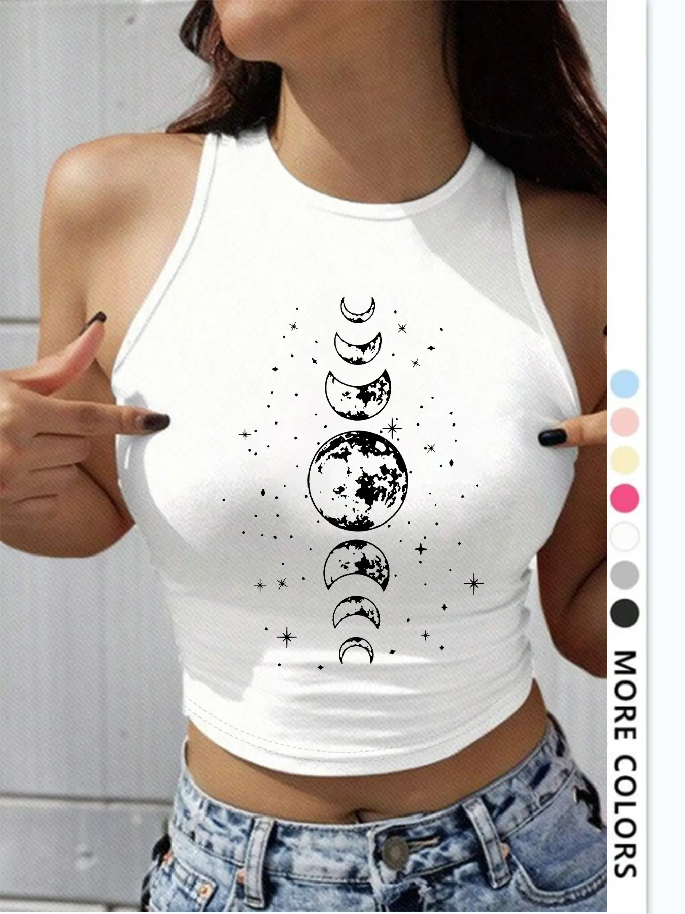 Women's Moon & Star Print Round Neck Tank Top, Patterned Tank Top, Casual Sleeveless Graphic Top for Summer, Ladies Clothes for Daily Wear, Graphic Tank Tops