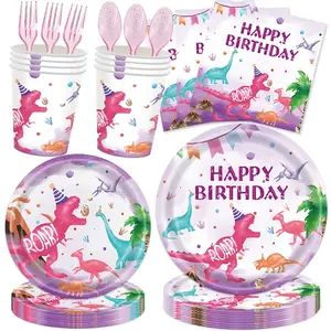 Dinosaur Party Supplies Set, Birthday Decoration Kit Watercolor Dinosaur Pattern Tableware Set Includes Plates Cups Napkins Forks Spoons, 16 People