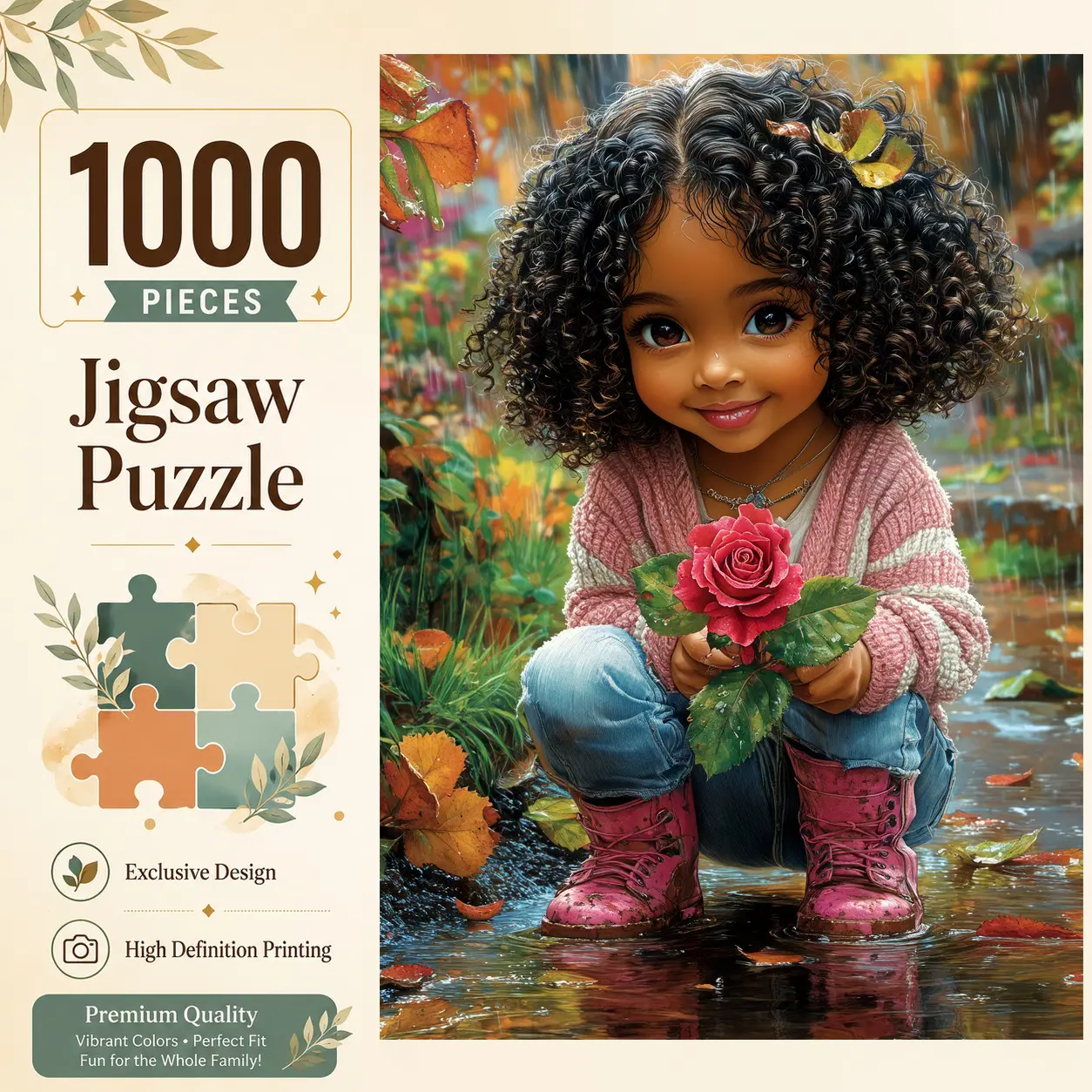 1000-Piece Autumn Rose Girl Jigsaw Puzzle, Cute Rainy Day Floral Art Brain Teaser, Challenging Family Game for Stress Relief, Wall Decor Gift for Women, 19.7×29.5in (50×75cm), Adults