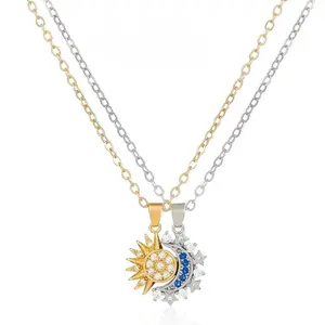 18k Gold Plated Stainless Steel Sun and Moon Pendant Necklace Set Nickel Free Magnetic Stackable Couple Jewelry Gift for Women Men Friends Birthday Party,summerwins Premium Stylish