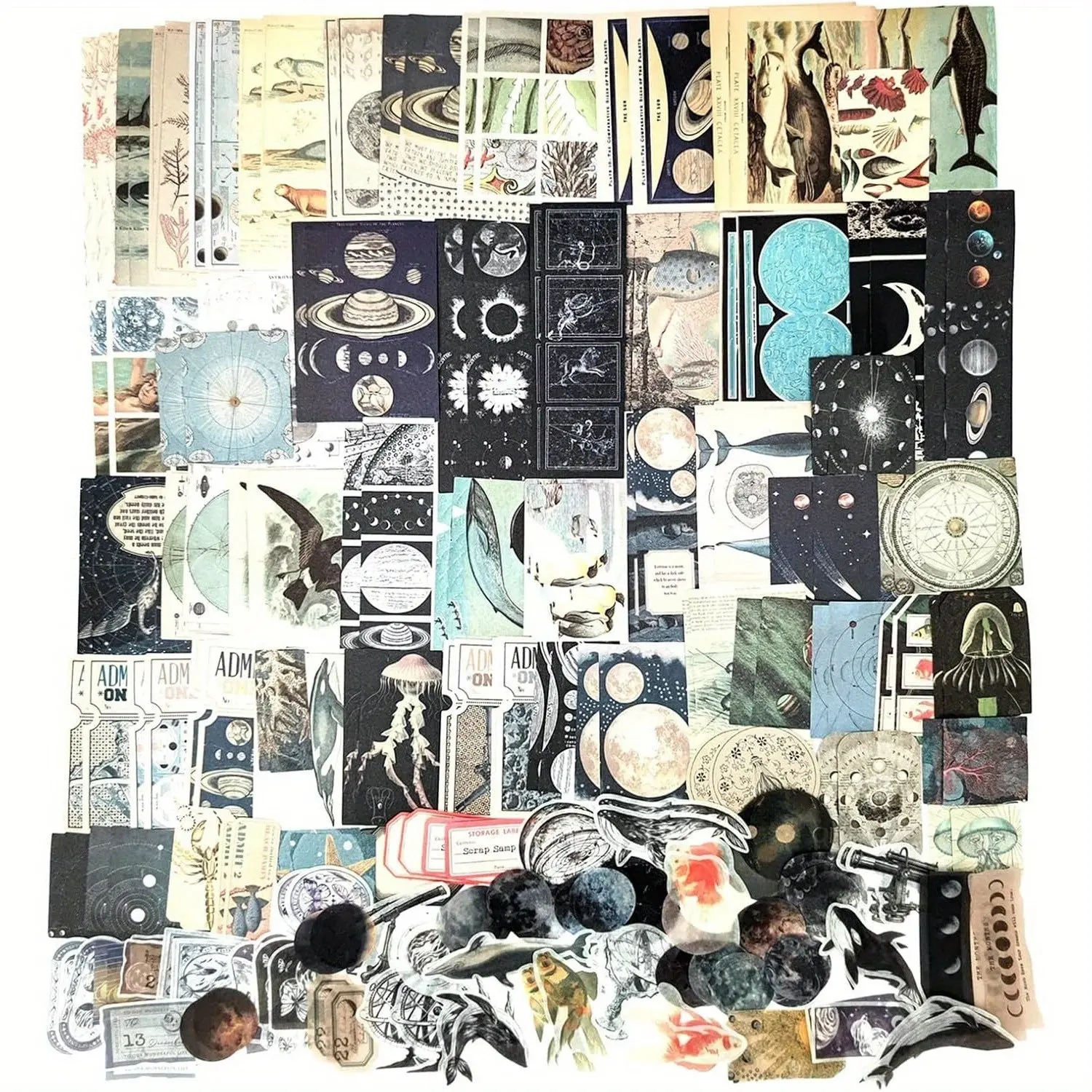 200-Piece Vintage Cosmic Ocean Space Ephemera Scrapbook Supplies Kit - Office Stationery with Translucent Whimsical Fantasy Paper, Pre-Printed Sticker Paper, Diverse Illustrations, Crafting Aid for Decoration, Room Accessories