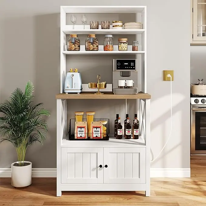 YITAHOME White Microwave Stand Bakers Rack Cabinet, Farmhouse Freestanding Small Kitchen Pantry Hutch Tall w Door Power Outlet Thickened Counter, Coffee Bar Storage Shelves