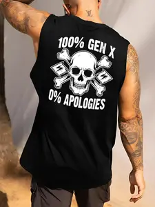 Men's Gothic Skull Print Sleeveless T-Shirt, Casual Summer Knit Fitted Top, Comfortable Outdoor Fitness Vest, Trendy Round Neck Design Streetwear, Halloween, Aesthetic