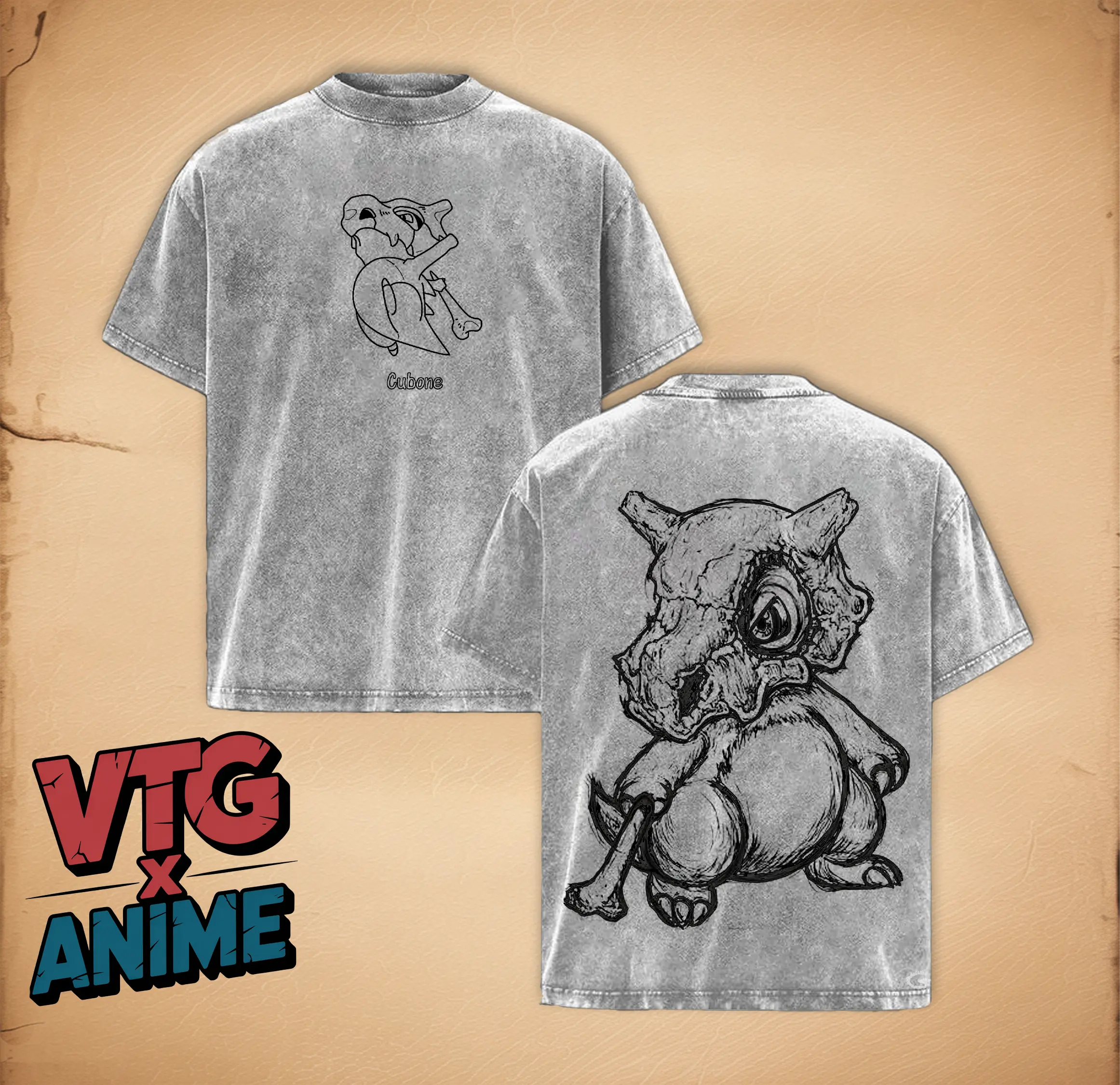 Cubone – PKM Anime Double Printed Vintage Washed Tee Unisex Oversize Anime Manga Washed Heavyweight Cotton T-shirt