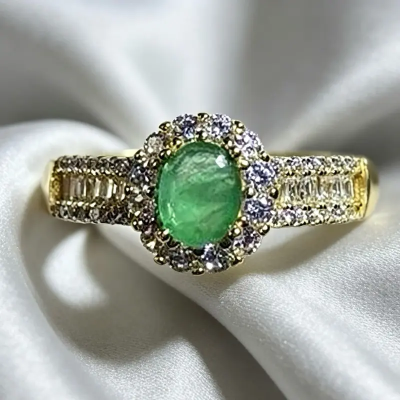 <PingEast jewelry > Emerald ring206--925 sterling silver wide band ring featuring a 4×5mm natural Colombian emerald, accented with natural white quartz.