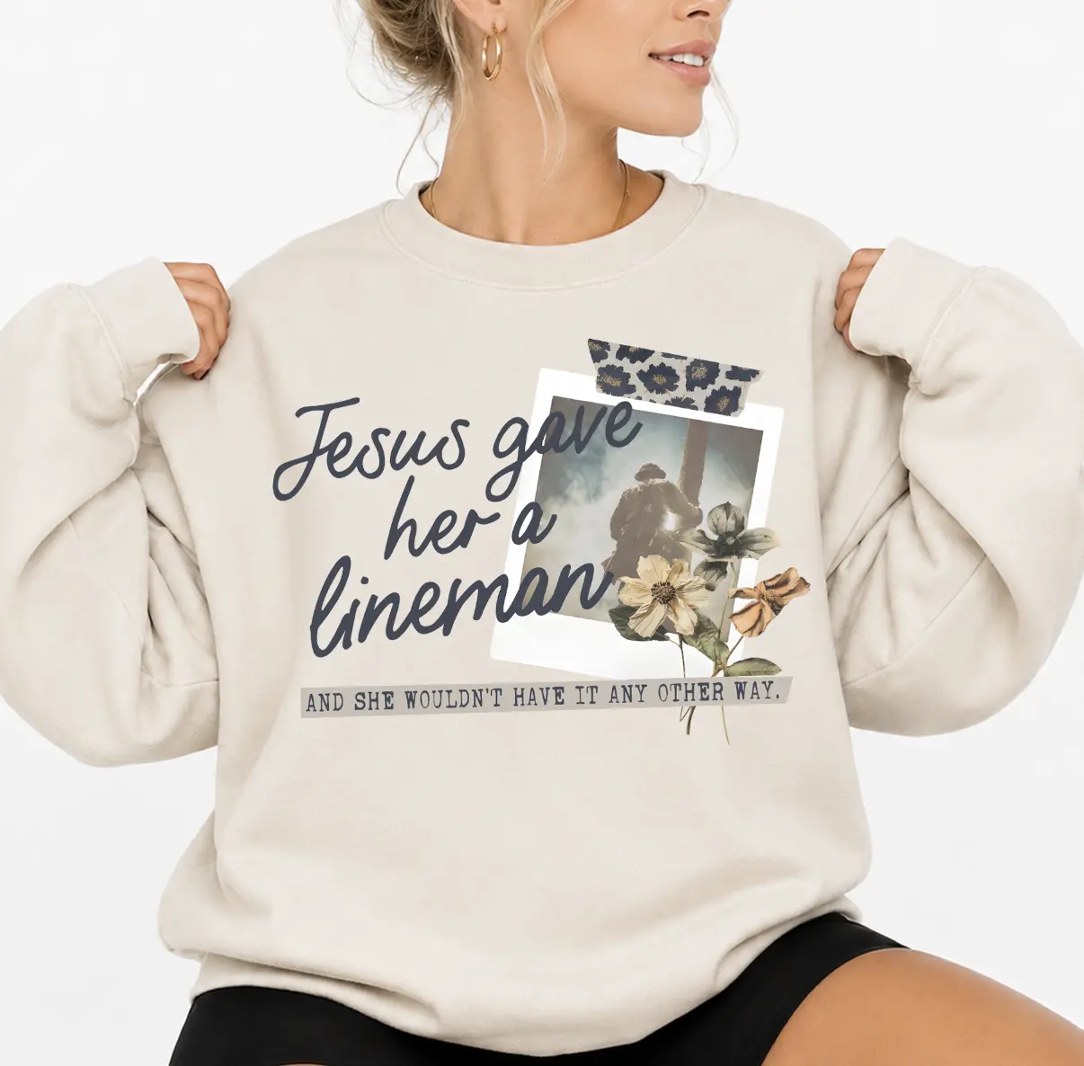 Women's Casual Printed Vintage Jesus Lineman Cotton Sweatshirt, Lineman Wife Tops, Jesus Apparel, Mother's Day Gift