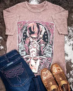Bronco Western Supply Co. Women's Milo Wild West Boyfriend Tee - Mocha Mineral Wash, Soft Short-Sleeve, Roses Accent, Knot Detail, Shacket-Style Top