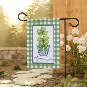 Personalized St Patricks Day Garden Flag, Shamrock Topiary Flag, Green Gingham Decor, Custom Last Name Yard Preppy Spring Outdoor Decor