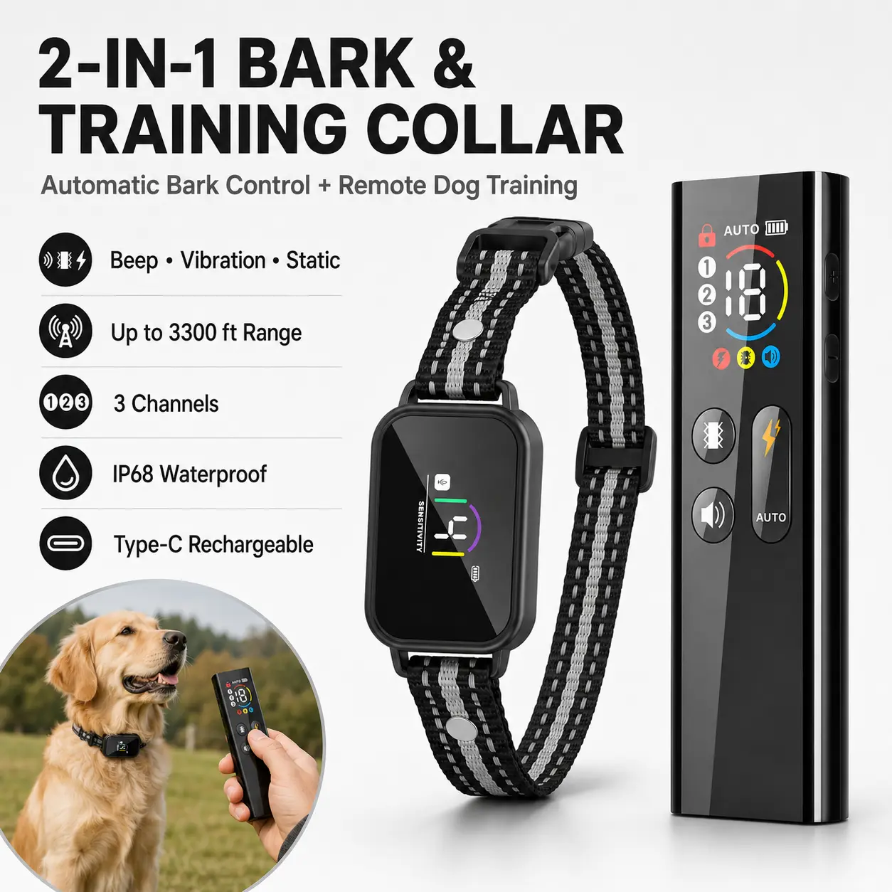 Automatic 2-in-1 Waterproof Remote Dog Training Collar - Bark Control Pet Training & Behavior Aid Accessory, Black, 1 Pack, Training Collars