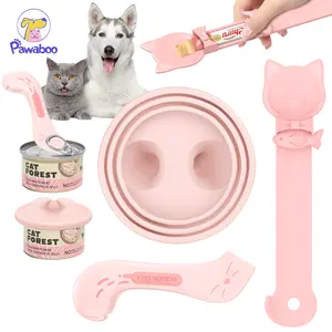 【cat day gift】Pawaboo Cat Dog Food Can Lid Spoon and Cat Strip Feeder, 3PCS Pet Cat Supplies Set, Cute Paw Silicone Pet Can Lids Cover, Cat Food Spatula Spoon for Can Opener, Cat Squeeze up Treat Spoon puppy essentials