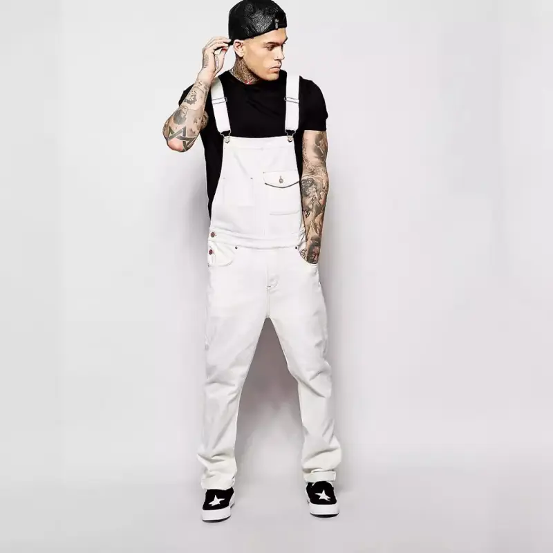New denim white overalls, slim-fit and slimming men's trousers, European style new men's overalls