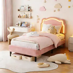 Full Upholstered LED Neon Light Princess Bed Frame, Cute Girls Velvet Platform Bed with Adjustable Bear Headboard, Wooden Slats Support, Cream & Pink