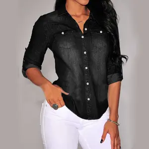 [US Shipping] Women's Collared Black Denim Button-Up Blouse Top Shirt, MW Shiny Stylish Basic Fabric with Sleeves, Pockets and Classic Western-Inspired Design