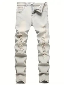 Men's Vintage Ripped Distressed Skinny Jeans, Light Blue Fashionable Denim Fabric, Casual Daily Wear, All Seasons, Streetwear