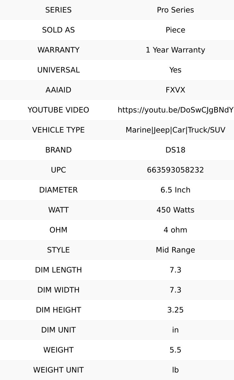 DS18 DS-PRO-X6.4BM PRO-X 6.5 Inch Mid-Range Loudspeaker W/ Bullet 450 Watts 4-Ohm DS18