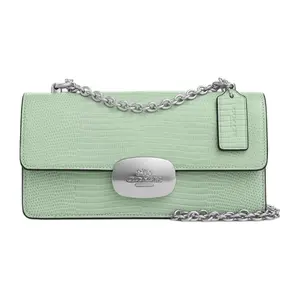 COACH Eliza 22 Flap Crossbody Bag for Women – Crocodile-Embossed Leather, Silver and Light Green