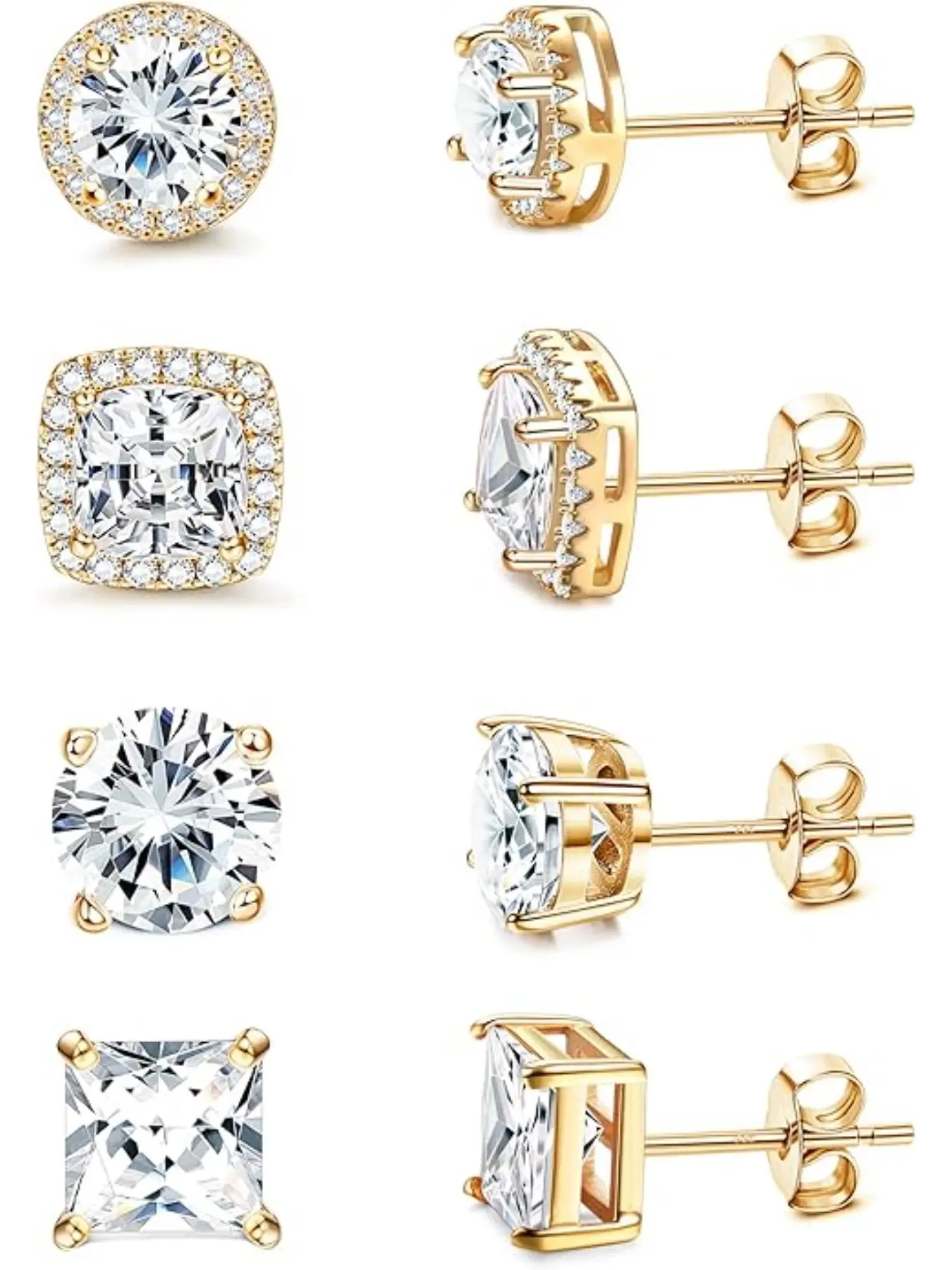 Cubic Zirconia Stud Earrings for Women & Men, 18K Gold Plated Hypoallergenic Sterling Silver Post, Big Brilliant Simulated Diamond CZ Halo Earrings, Jewelry for Sensitive Ears