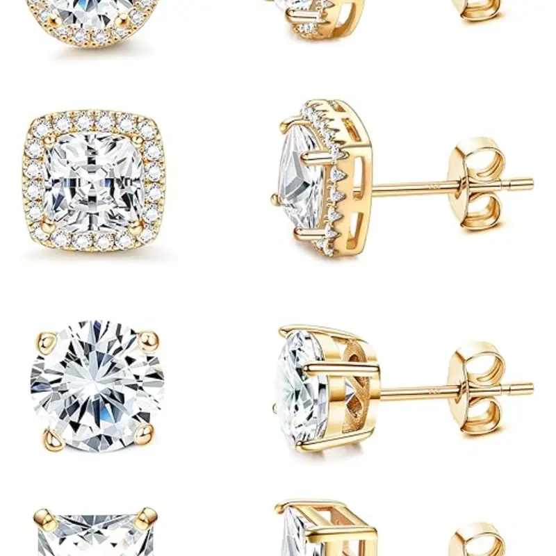 Cubic Zirconia for Women & Men, 18K Gold Plated Hypoallergenic Sterling Silver Post, Big Brilliant Simulated Diamond CZ Halo, Jewelry for Sensitive Ears, Artificial Zirconia Earrings