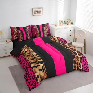 Leopard Fur Print 7 Piece Bedding Set for Boys Girls,Cheetah Comforter Animals Hot Pink Black Bedroom Decor Safari Comforter