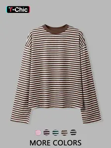 Women's Striped Long Sleeve Top, Casual Loose-Fit Versatile Tee, Stylish Ladies' Fashion T-Shirt, Knit, Knitwear, Perfect for Daily Wear and Layering