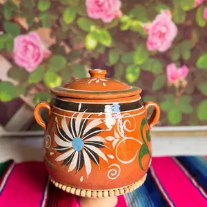 Olla Tonala 3 Litros Handcrafted Mexican Pottery with Floral Design and Lid for Cooking and Storage Kitchen Utensils