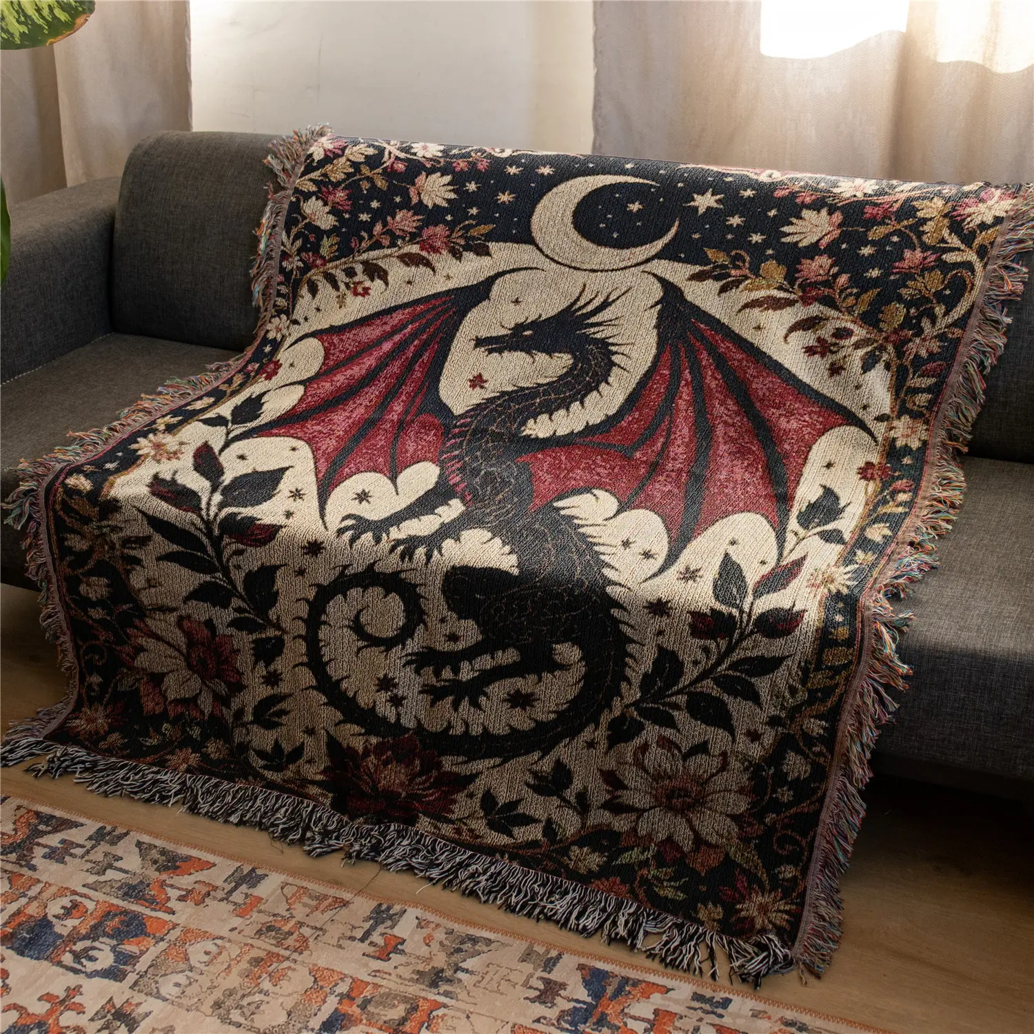 Red Dragon Pattern Bohemian Yarn Jacquard Woven Blanket with Tassel, Throw Blanket, Boho Blanket, Thick Soft Washable Blanket, Decorative Blankets, Soft Cozy Blanket, Soft Warm Blanket, Blanket for Couch, For Home Decor, Sofa, Chair, Bed, Outdoor Camping
