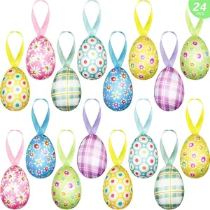 Spring Easter Tree Decoration Set with 24 Colorful Egg Ornaments, Decorative Flower Ornaments, Checked Dot Basket Fillers, Cottage Style Home Festival Decor