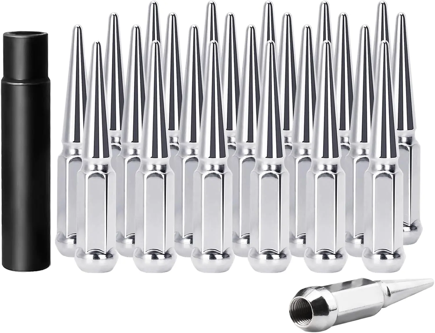 24-Piece Set Pack M14x1.5 Closed-End Spiked Grip Wheel Nuts, 14mm x 1.5 Conical Bulge Seat Fasteners with 1 Spike Lug Nut Socket for Silverado Sierra 1500 Aftermarket Wheels, Silverado 1500 Accessories