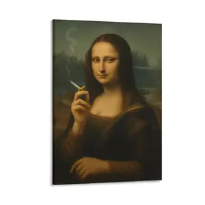 Humorous Mona Lisa canvas wall art with cigarette, 2D HD print parody art poster, framed/unframed wall decor for home, quirky Mona Lisa artwork, great home decoration gift