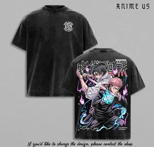 Jujutsu Kaisen Yuji Itadori and Yuta Okkotsu Shirt Vintage Washed Oversized Tee Anime Duo Graphic Back Streetwear Heavy Cotton Tee