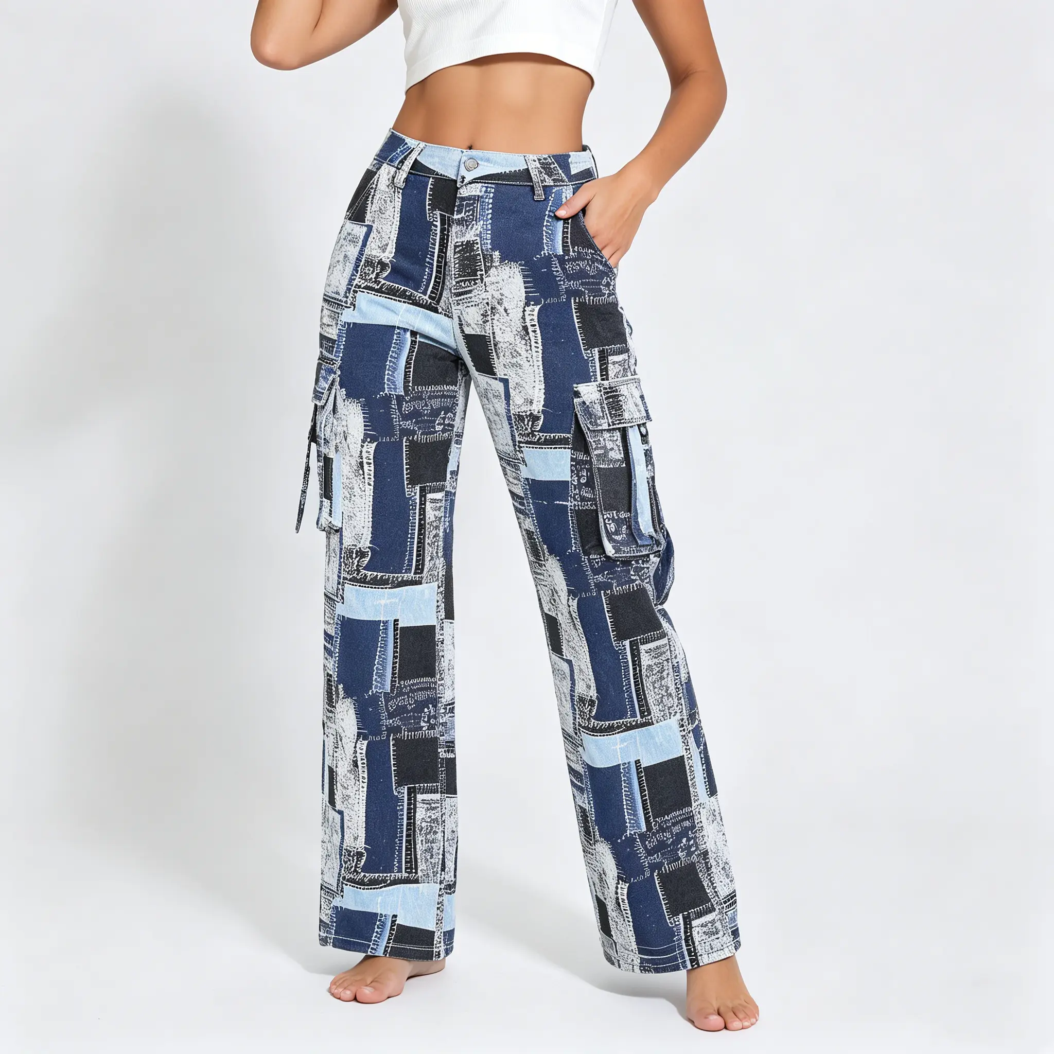 Patchwork Fitted Maxi Cargo Jeans Women's EdgyBottomsStatement Streetwear Beach Zipper Button WideLegColorblock Design straight leg cargo jean Womenswear