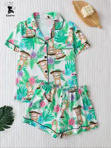 Women's Sleepwear Set, Fitted Short Sleeve Top & Comfortable Elastic Shorts, All-Over Printed Design, Casual Style