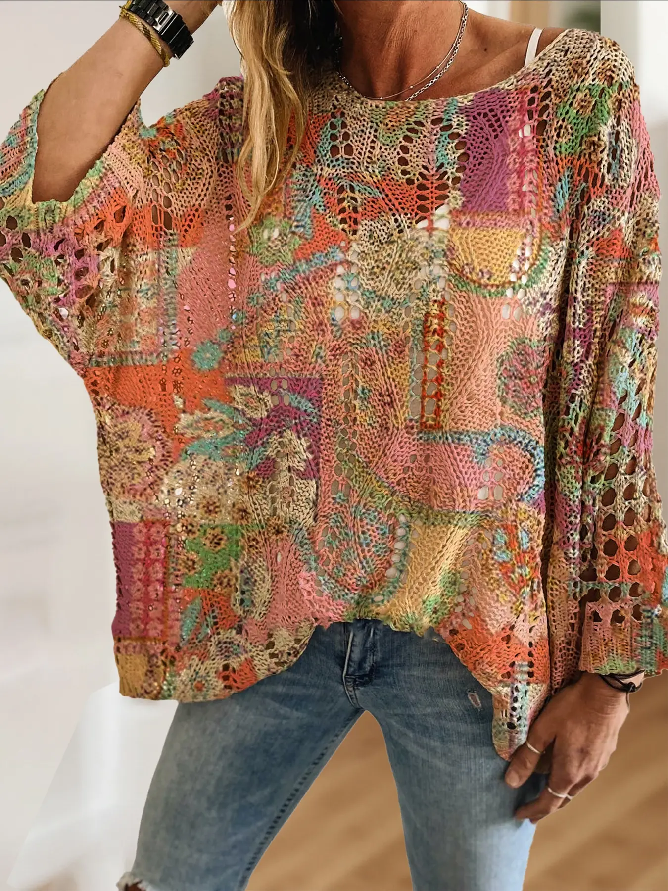 Women's Boho Vintage Patchwork Color Block Knit Top, Loose Fit Batwing Shoulder Design, Casual Elegant Vacation Style Sweater, Knitwear, Knitting, Round Neck