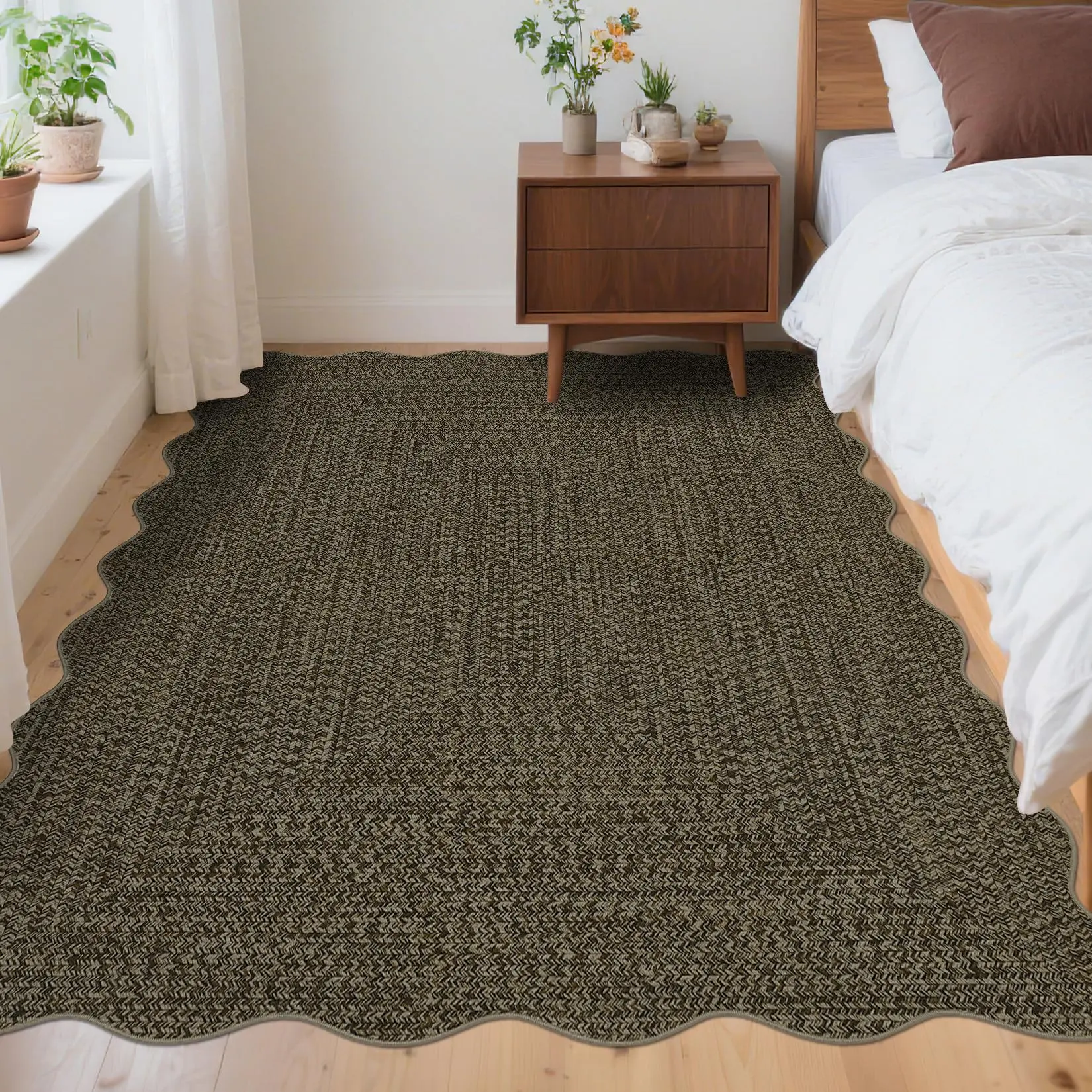 Entryway Rug 3x5 Non Slip Washable Rug Braided Print Low Pile Floor Cover Indoor Soft Kitchen Mat Ultra-Thin Non-Shedding Farmhouse Floor Mat for Bedroom Under Table Office Scalloped Brown