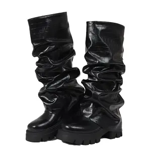 Fold Over Boots For Women Lug Sole Mid Calf Boot Slouched Ruched Platform Riding Booties Slouchy Knee-High Boots Chunky Platform Lug Sole Edgy Fashion Footwear in Croc-Embossed Leather Statement Boots Onyx autumn winter warm walking shoe