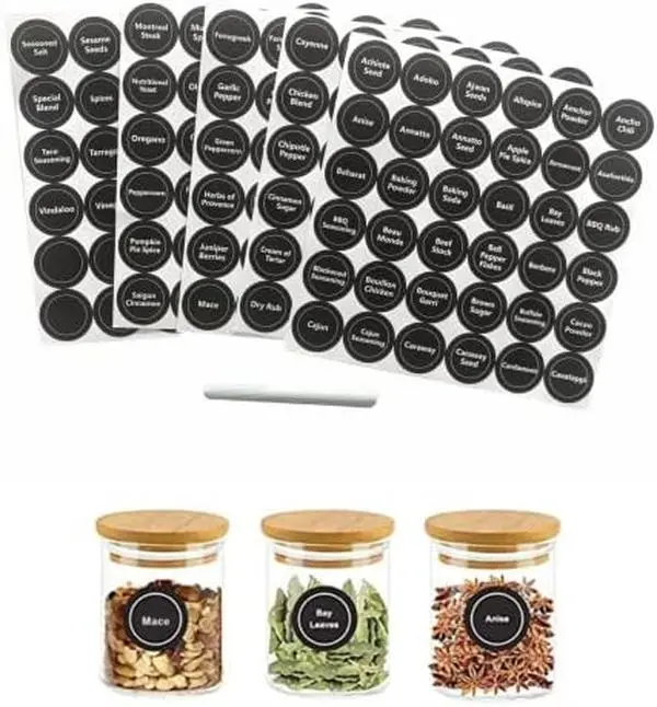 180 Spice Jar Labels - Chalkboard Stickers, Preprinted and Blank - Round and Erasable for Spice Containers