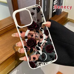 Magnetic Phone case for iPhone 15 16 14 Pro Max 13 12 11 XR XS Plus E Midnight Rose Symphony Pattern Non-Yellowing Shockproof Soft Silicone Transparent Acrylic Cover Supports Wireless Charging
