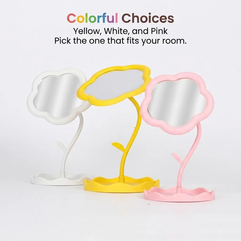 Small Aesthetic Flower Desktop Makeup Mirror - Cute Decorative Vanity Mirror for Bedroom & Dorm - Floral Shaped Cosmetic Mirror (Pink, Yellow, White)