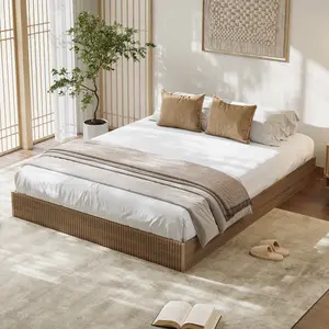 【GARVEE】Minimalist Fluted MDF Wave Platform Bed Frame - Sturdy, Stylish, Noise-Free, Easy Assembly, No Box Spring Needed, Space-Saving - Full/Queen/King, Cream White/Natural Oak/Walnut