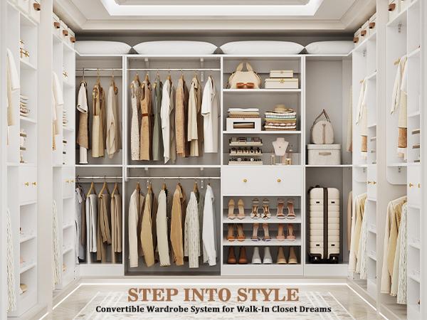 Closet System Set of 3 - Corner Closet Organizer System with 2 Drawers/16 Shelves/6 Hanging Rods, 151.1" L-Shaped Walk-In Wardrobe Organizer, 2800+ lbs Capacity