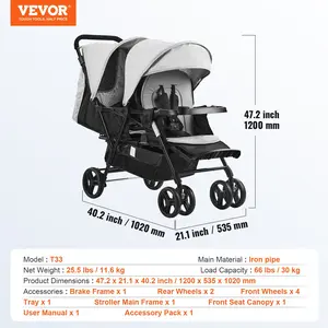 VEVOR Double Stroller, Foldable Lightweight Twin Stroller with Tandem Seating, Adjustable Backrest/Footrest, Wrap-Around Safety Harness, Storage Basket Tray, for Newborn Toddler (Light Gray, Black)