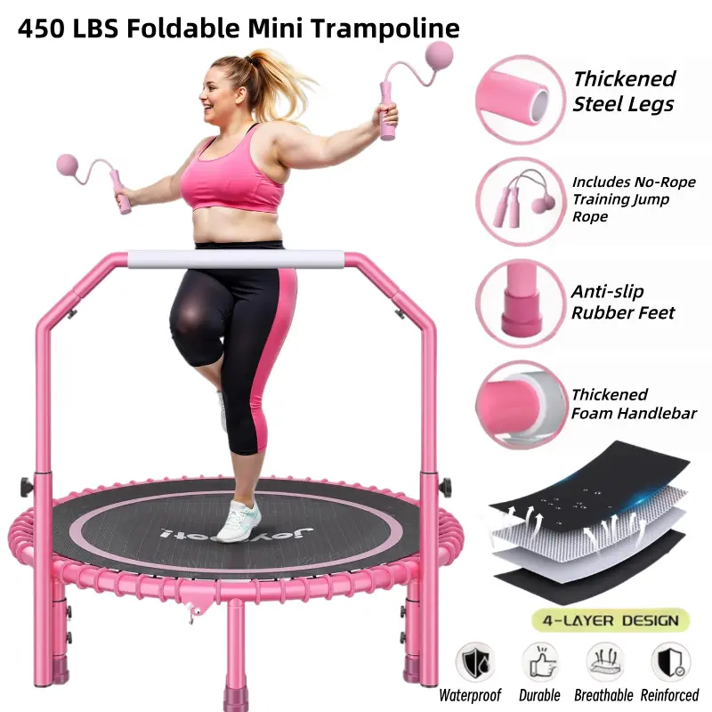 JoySpot 450 LBS Foldable Trampoline, 40" Indoor Fitness Rebounder with U-Shape Adjustable Foam Handle, Quiet Bungee Jump System & Cordless Jump Ropes, Indoor&Outdoor fitness, Yoga, for Adults summerwins