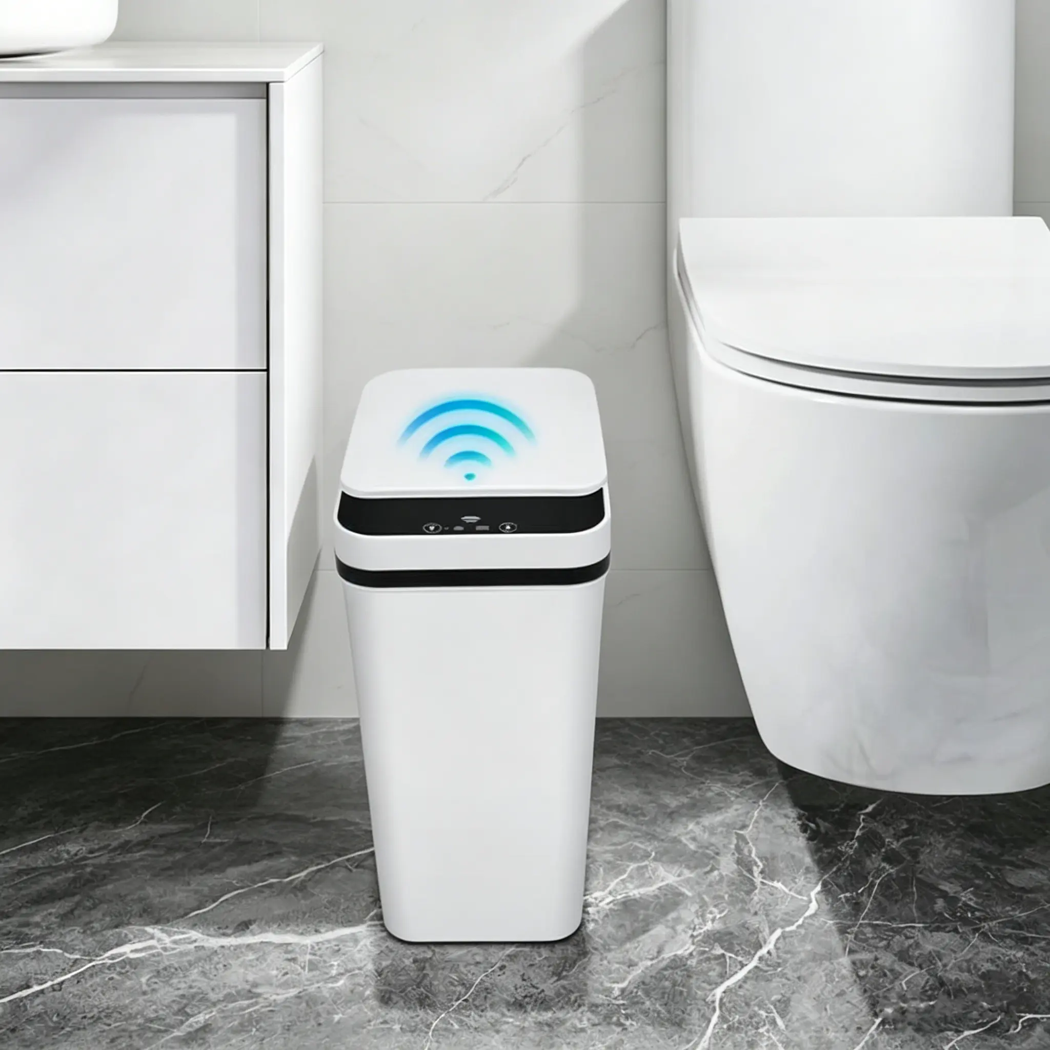 Automatic Motion Sensor Smart Garbage Can, 2.2 Gallon Touchless Trash Can, 23.5cm*15.5cm*30cm 12L,Slim Waterproof Small Trash Bin for Bathroom, Kitchen, Office, Bedroom, Living Room ,White garbage.