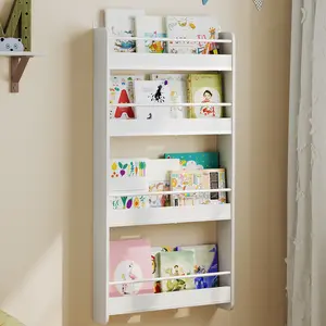 MAHANCRIS 4-Tier Wall Mount Bookshelf for Kids, Wooden Nursery Bookshelves, Hanging Book Shelf for Kids Room, Playroom, Bedroom, Living Room, White