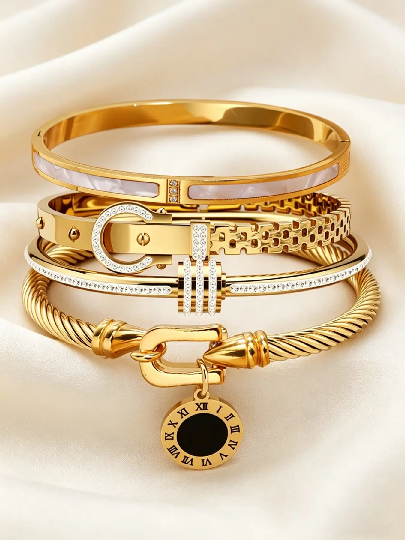 4-Piece Luxury Stainless Steel High-Quality Jewelry Bracelet Set, Women's Gold-Plated Rhinestone Decorative Stackable Bracelets, Classic Wrist Accessories, Perfect Exquisite Holiday Gift, Trendy Stack Bangles