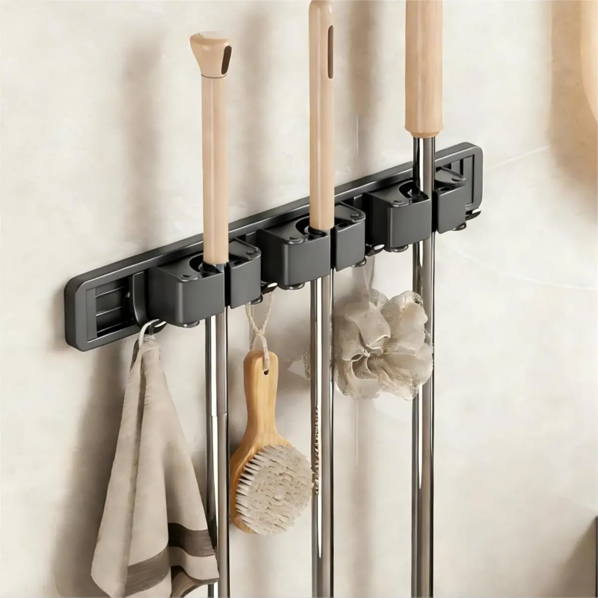 Wall mounted broom mop rack with adjustable hooks, suitable for mop storage in narrow spaces, and wall mounted mop and broom hangers for kitchen, garage, and laundry cleaning, Broom Mop Holder