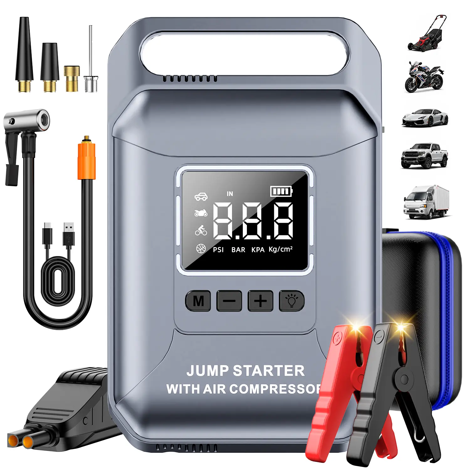 Soulor 4000A Ultra-Safe Jump Starter – Starts all 12V battery vehicles. Features 160 PSI air compressor, 18W fast charging, tire pressure check, and LED light. Includes jumper cables, air hose, storage bag, and 4 inflation nozzle